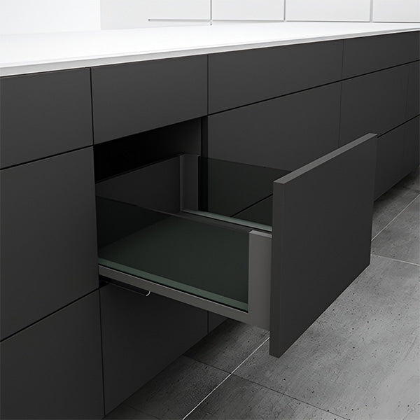 קיט מגירת זכוכית VISION גובה 167 ממ עומס 40 קג עומק 550 ממ חזית חיבור ברגים גרפיט/ שקוף