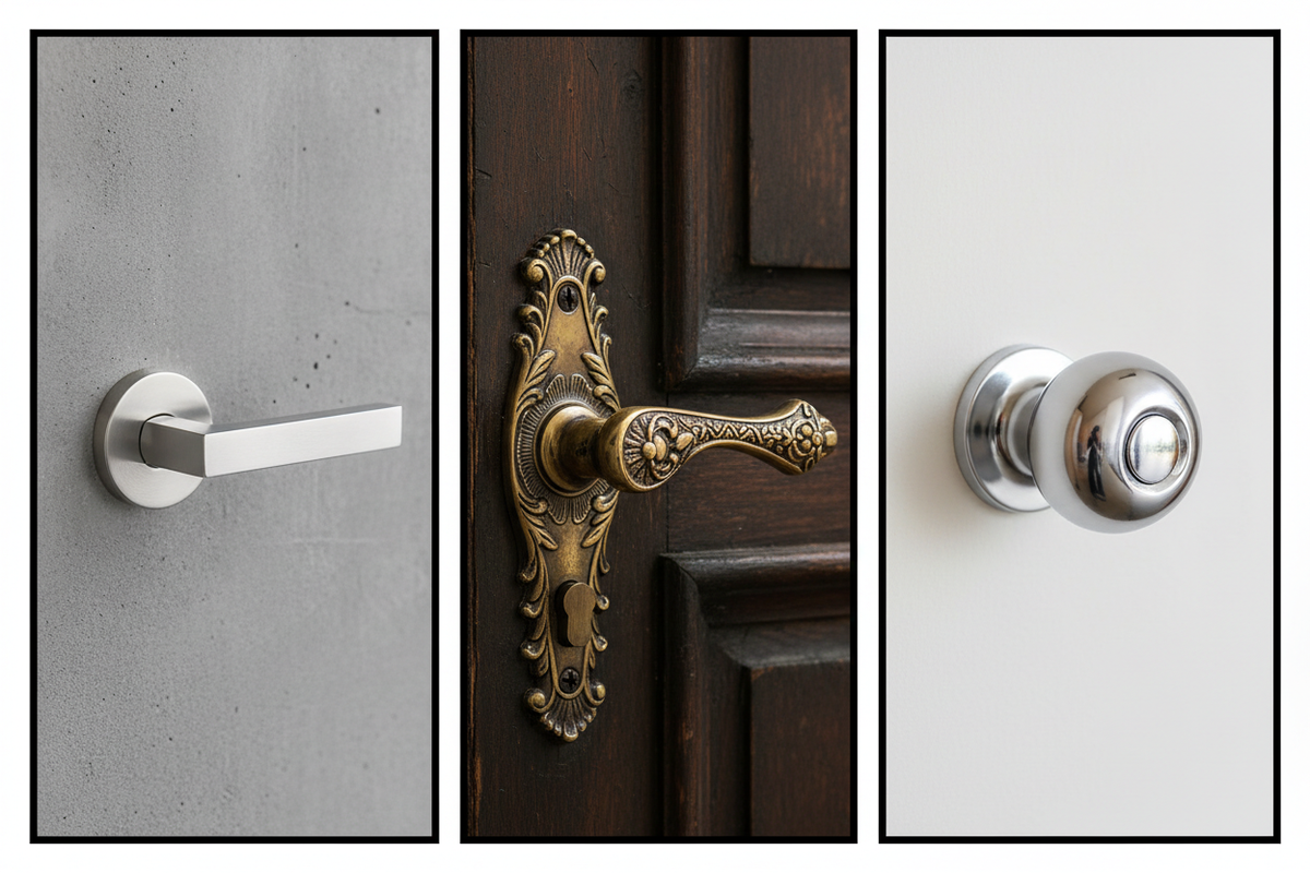 Split images, wide, of door handles, one modern, one vintage, one button handle