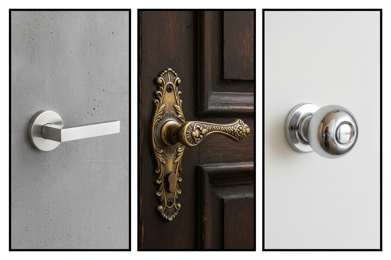 Split images, wide, of door handles, one modern, one vintage, one button handle